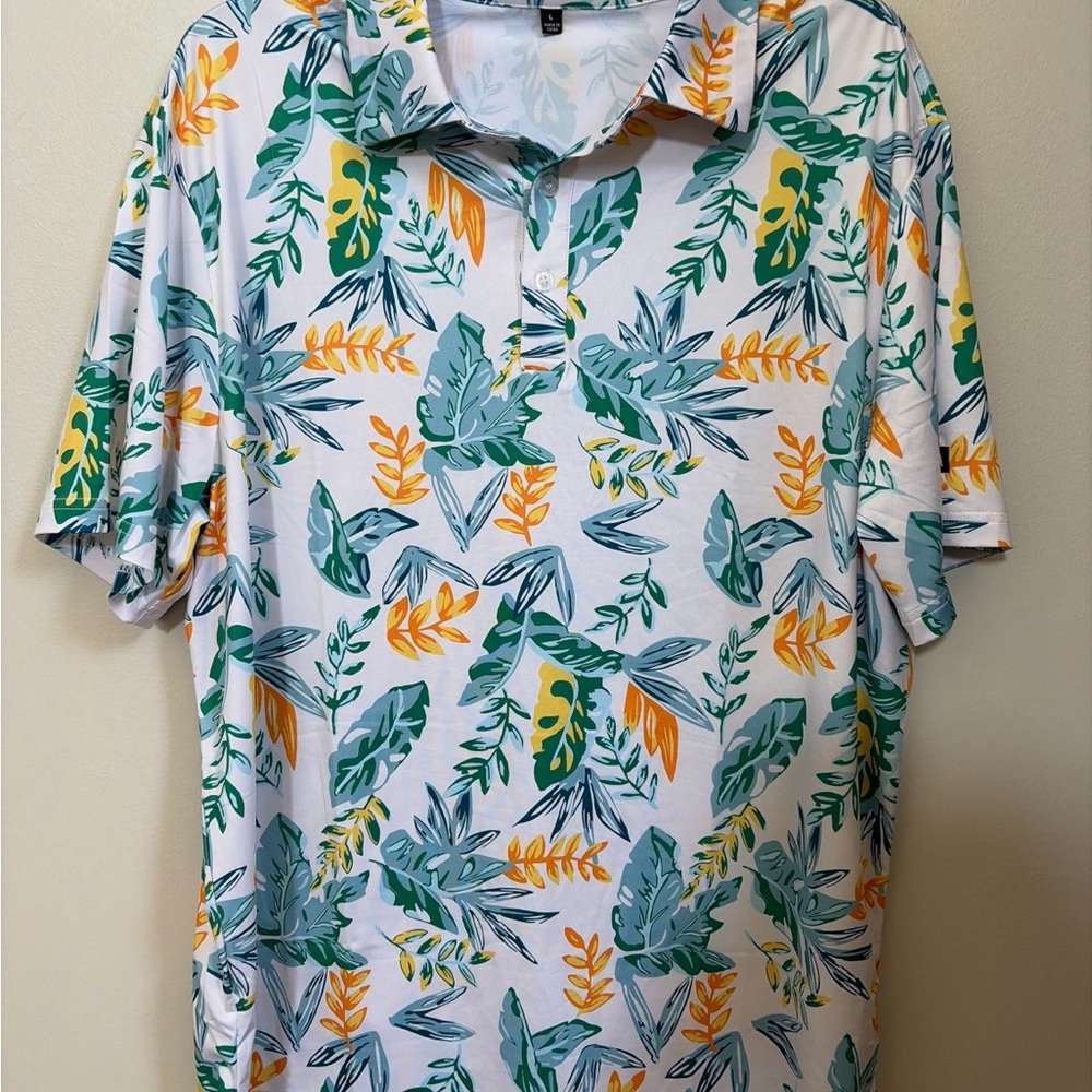 Men's Short-Sleeve Tropical Leaf Polo Shirt - White/Green/Yellow